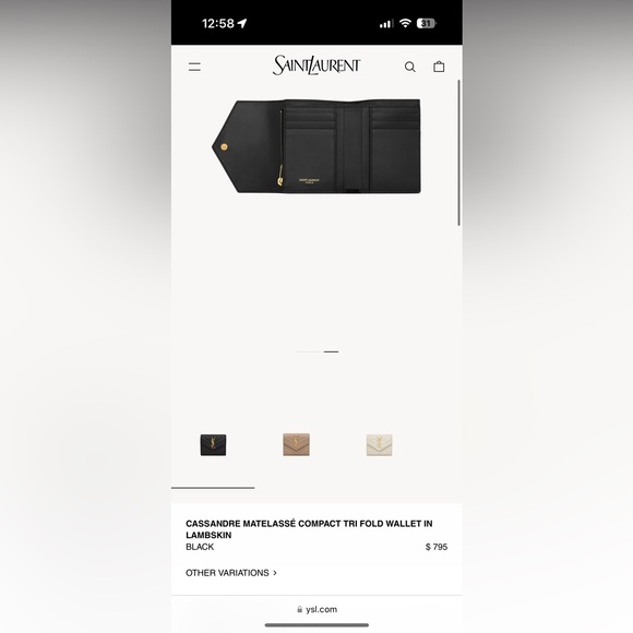 Saint Laurent * YSL Silver* Grain de Poudre Monogram Compact Tri-Fold Wallet - Picture 12 of 16